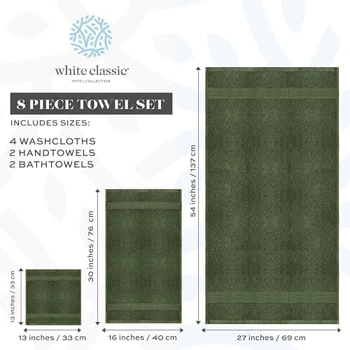 White Classic Luxury Bath Towel Set of 8 Pieces - 100% Turkish Cotton Highly Absorbent Towels for Bathroom, 2 Luxury Bath Towels 700GSM, 2 Hand Towels, 4 Washcloths, Sage Green thumbnail 3
