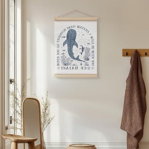 ZNGFON Trendy Whale Shark Christian Wall Decor, When You Go Through Deep Waters I Will Be With You Isaiah 43:2 Wall Art Poster with Wooden Frame, Blue Bible Verse Wall Hanging Home Decor, 12x16 Inch thumbnail 4