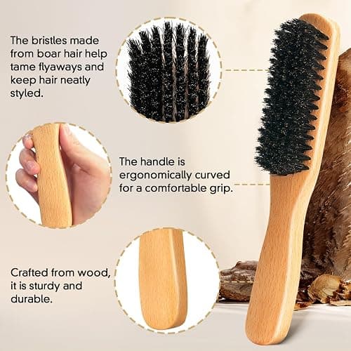 Boar Bristle Slick Back Hair Brush for Smooth Flyaways, Frizz, Sleek Ponytail, Buns and Edge Baby Hair, Teasing | Hair Comb, Edge Brush, Teasing Brush Styling Accessories for Girls, Kids, Women & Men thumbnail 2
