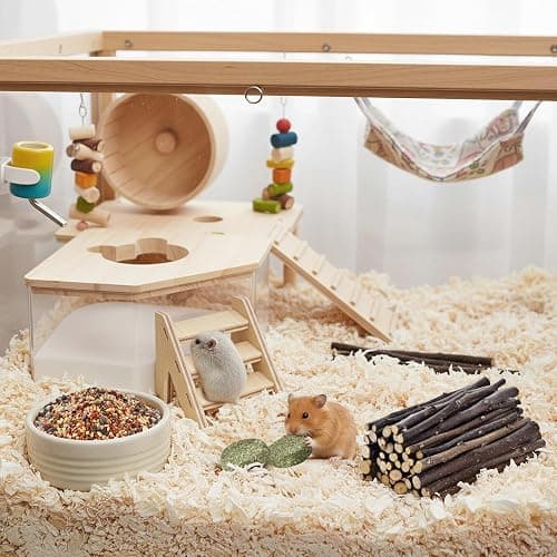 HKBZQC Hamster Sand Bath House 6Pcs, Small Pet Sand Bath Kit with Ladder, Chew Sticks, Food, Grass Cake, Bath Sand, Cage Accessories for Dwarf Syrian Hamsters Gerbils thumbnail 7