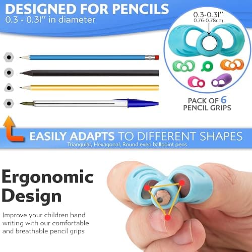 Stylo 6 Pack Pencil Grips for Children Handwriting, Multi-Color Designs, Assorted - For Left and Right Handed Children - Comfortable Writing Aid for Improving Handwriting (Multicolored) thumbnail 2
