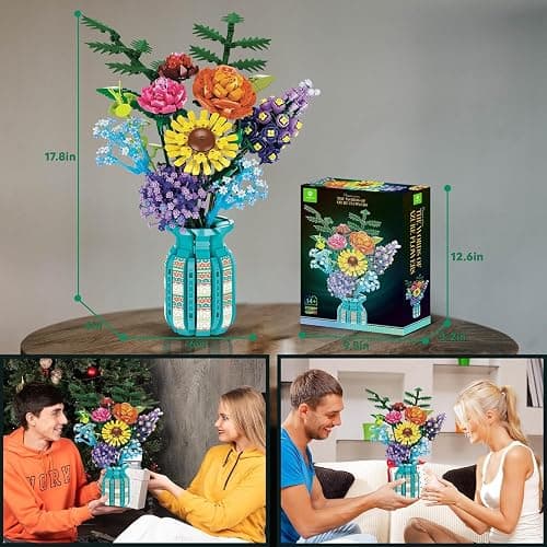 BlockPro Flowers Bouquet Building Blocks Set with Vase, Roses, Sunflower, Hyacinth, Hydrangea, Flower Set for Adults, Teen Girls, Home, Office Decor, Valentine's 1853pcs thumbnail 3