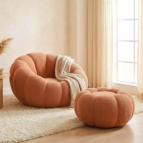Hohamn Giant Bean Bag Chair with Ottoman, Pumpkin Shaped Boneless Chair | Plush cloud fleece fabric, ideal cozy seating for bedroom & living room, perfect reading lounge chair for daily relaxation thumbnail 4
