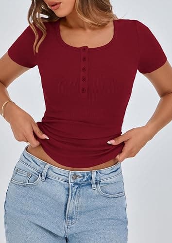 PRETTYGARDEN Women's 2025 Spring Summer Short Sleeve Tops Ribbed Henley Button Slim Fit Basic Casual T Shirts Blouse Clothing - Wine Red - Large thumbnail 5