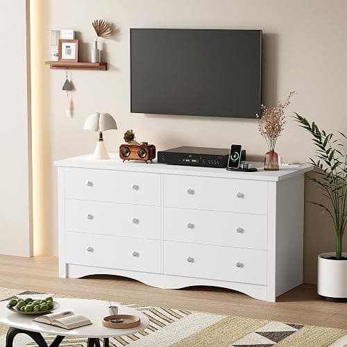 YESHOMY Dresser for Bedroom with Power Outlet,6 Drawers Dresser, Modern Chest of Drawers, Wooden Dressers, TV Stand for Living Room,Closet, Hallway (White) thumbnail 8