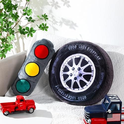 2 Pcs Race Car Room Decor Racing Plush Throw Pillow Set Gift Operation Christmas 15.7 Inch Soft 3D Simulation Wheel Pillow Funny Tire Cone Traffic Light and Stop for Bedroom Decorations(Traffic Light) - Image 1