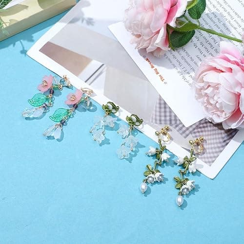 NEWITIN 3 Pairs Flower Clip On Earrings for Women Hypoallergenic Earring Pearl Leaf Floral Tassel Earring Non Piercing Clip on Long Flower Dangle Earrings for Women thumbnail 4