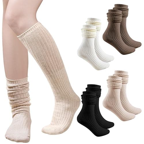 COZYOFFI Womens Slouch Long Socks: 4 Pairs Boot Socks Pairs with Sneakers - Knit Ribbed Fabric - Image 1
