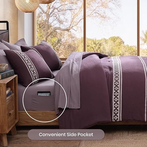 MaiRêve Embroidery Queen Size Comforter Set Purple, Boho Farmhouse Western Bedding Set 7 Pieces, All Season Bed in A Bag Comforter Set with Sheets, Pillowcases & Shams thumbnail 6