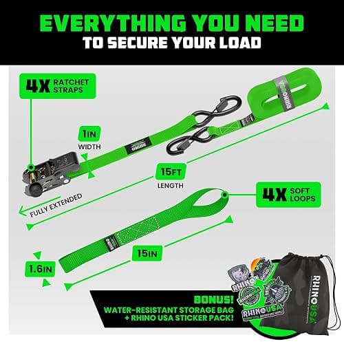 Rhino USA Ratchet Straps Tie Downs (4-Pack) - 1 Inch x 15 Feet (1,823lb Break Strength) - Ultimate Tie Down Straps with Safety S Hooks - for Trucks, Cargo, Moving, Appliances - Green thumbnail 5