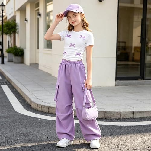 Zylvae Girls 2 Piece Clothes Cute Bow Decoration T-Shirt Top + Cargo Pants Teen Girl 2pcs Outfit Set, Size 8-13 Years thumbnail 2