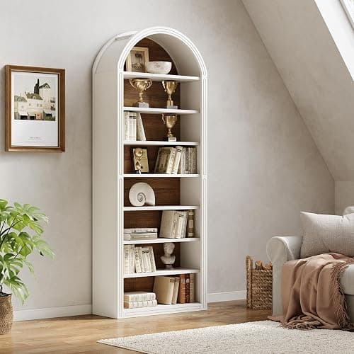 LITTLE TREE 8-Tier Bookcase, 78.7" Tall Bookshelf with Arched Top, Large Freestanding Wooden Open Bookcase Bookshelf, Modern Book Shelf Organizer for Living Room, Bedroom, Office, Library, White Brown thumbnail 4