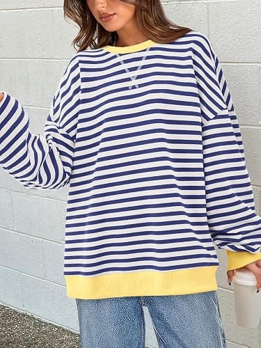 PRETTYGARDEN Womens Striped Oversized Sweatshirt Lightweight Fall Clothes | Stitching Crew Neck Sweatshirts Women, Long Sleeve Casual Loose Pullover Top, Color Block Y2K Outfits, Fashion Clothing thumbnail 2