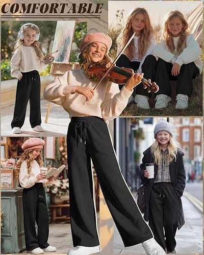 LessonZoo Teen Girls Sweatpants Wide Leg Drawstring Lounge Pants Straight Leg Athletic Trousers with Pockets Size 5-14 thumbnail 3