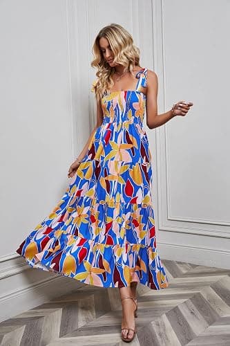 kinstell Women's Summer Boho Spaghetti Strap Square Neck Ruffle Casual Flowy Long Dress Beach Swing Party Maxi Dress thumbnail 2