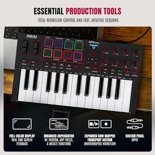 Akai Professional MPK Mini IV USB-C MIDI Keyboard Controller for Beginners and Producers - MPC Drum Pads, 360° Knobs, Pitch and Mod Wheels, Production Software, Native Instruments Sound Package, Black thumbnail 5