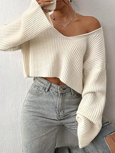Floerns Women's Long Sleeve Pullover V Neck Drop Shoulder Rib Knit Sweaters Top - Small - Apricot thumbnail 5