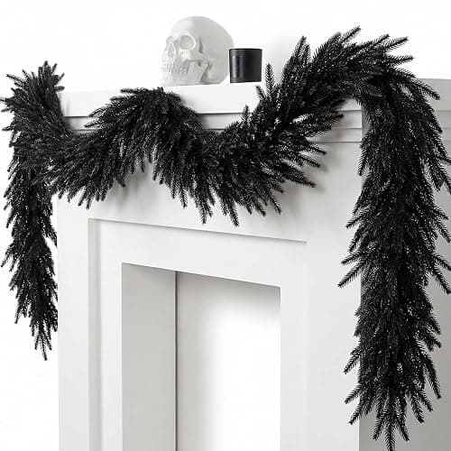 2 Pcs 12ft Black Halloween Norfolk Pine Garland, Realistic Gothic Faux Garland Mantle Decoration, Black Artificial Hanging Vine Twigs for Door Fireplace Mantle Stairs Holiday Home Party Decoration - Image 1