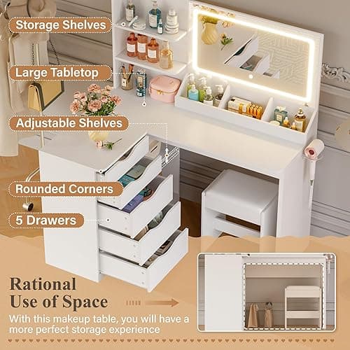 JUMMICO Makeup Vanity Desk with Mirror and Lights, L- Shaped Vanity, Modern Vanity Table with 5 Drawers & Adjustable Shelves, Power Outlet with Fast Charging, for Bedroom (White) thumbnail 5