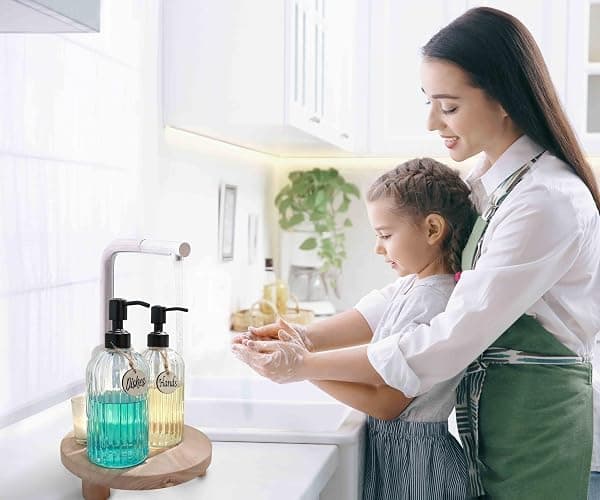 JASAI 2PACK 18Oz Simple Glass Soap Dispensers with Black Pump, Refillable Kitchen soap Dispenser with Vertical Stripe, Bathroom Soap Dispenser for Bathroom Hand soap, Dish Soap, Lotion. thumbnail 2