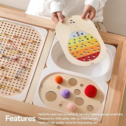 IEATFO 3-Pack Wooden Sensory Boards - Sensory Table Large and Small Storage Box Inserts - Pegboard, Size & Color Cognitive Boards - Accessories Include Wooden Pegs, Elastics, Pompoms thumbnail 5