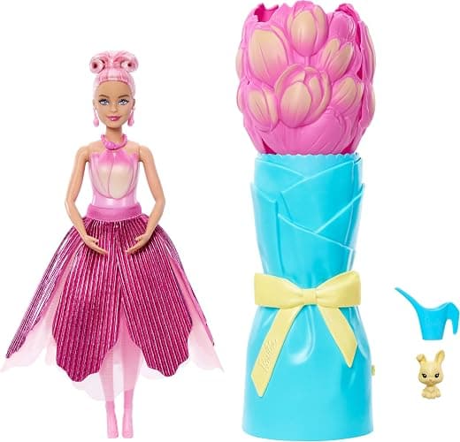 Barbie Petal Pop Scented Doll with Pink Tulip Dress & Accessories, Bouquet Reveal with Pet Bunny & Surprises Like Watering Can, Necklace & Earrings​​​ - Image 1