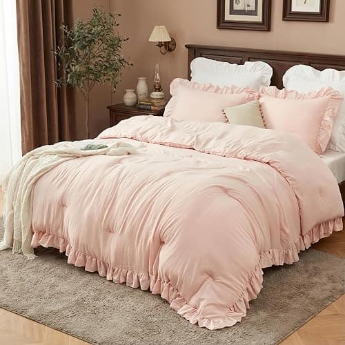 CAROMIO Pink Ruffled Comforter Set Queen Size, 3PCS Soft Washed Microfiber Lightweight & Fluffy All-Season Bedding Comforter with Vintage French Country Style, Pink, 90x90 in thumbnail 3