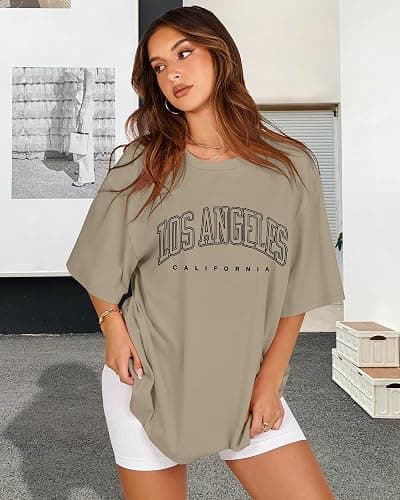 Womens Oversized Tshirt Graphic Tees Crew Neck Summer Short Sleeve Loose Fit Tops - XX-Large - A-los Letter Print thumbnail 7