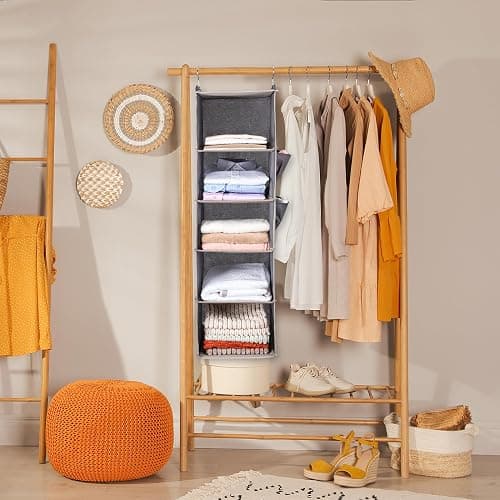Hanging Closet Organize and Shelves，5-Hanging Shelf with 2 Side Pockets，Storage Foldable （Grey） thumbnail 2