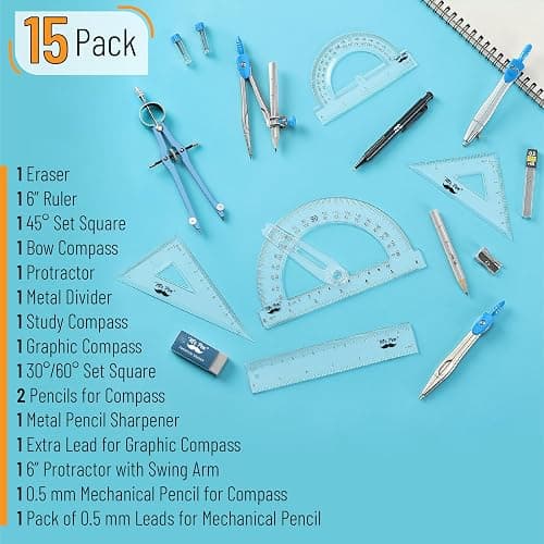Mr. Pen- Geometry Set, 15 pcs, Blue, 6 Inch Swing Arm Protractor, Divider, Set Squares, Ruler, Compasses and Protractor thumbnail 3