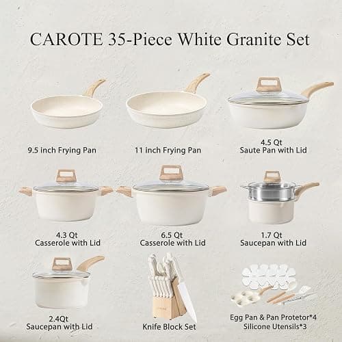 CAROTE ICE 35pcs Pots and Pans Set, Nonstick Cookware Sets, White Granite Induction Cookware with Kitchen Knife Set thumbnail 2