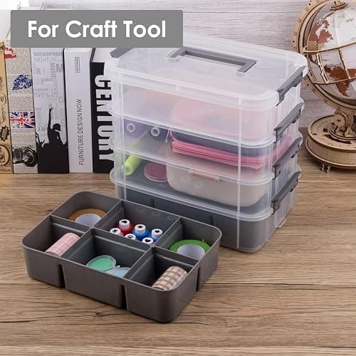 CraftGenes Craft Organizers and Storage, 4-Tier 10 Qt Box, 2 Trays, Grey | Clear Compartments; Dual Removable Inserts; Carry Handle; Side Latches; Beads, Ribbon, Stamps, Scrapbook Pieces, DIY Tools thumbnail 6