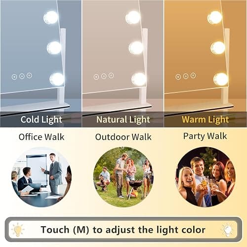 Vanity Mirror with Lights,Lighted Vanity Mirror with 9 Dimmable Bulbs for Dressing Room & Bedroom,3 Color Lighting,Modes Detachable 10x Magnification 360°Ratation(White) thumbnail 3