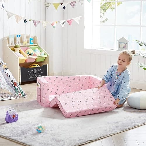 Ulax furniture Kids Fold Out Couch 2-in-1 Children Convertible Sofa to Lounger with Soft Plush Fabric(Pink Rainbow) thumbnail 5