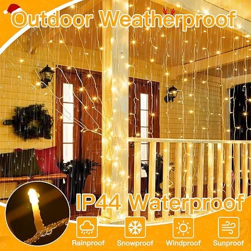 Ollny Christmas Curtain Lights 300 LED 9.8 FTx9.8 FT, Outdoor Waterproof Curtain String Lights with Remote Timer 8 Modes, USB Waterfall Window Lights for Wall Backdrop Home Decorations (Warm White) thumbnail 4