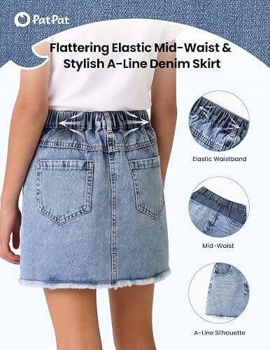 PATPAT Denim Skirt for Girls 5-14 Years, A-Line Mid Waist Mini Jean Skirt with Elastic Waistband & Frayed Hem thumbnail 3
