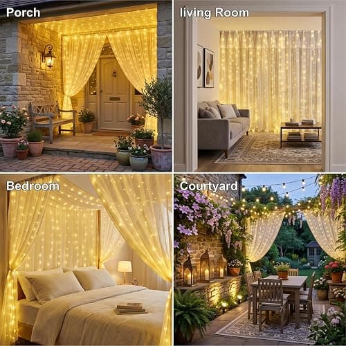 HXWEIYE 300LED Fairy Curtain Lights, 9.8x9.8Ft USB, Remote, 8 Modes & Timer | Dimmable, Christmas String Hanging Lights for Bedroom, Wedding Backdrop and Indoor Wall Decor, Warm White thumbnail 6
