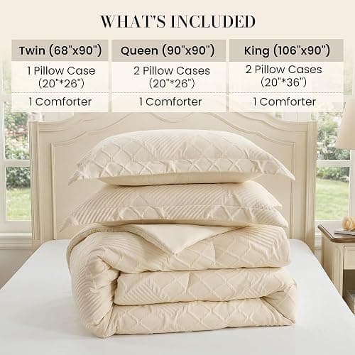 Amélie Home Queen Comforter Set, 3 Piece Beige Jacquard Bedding Set with 2 Pillow Cases, Soft Microfiber Diamond Design, Lightweight All-Season for Bedroom & Dorm thumbnail 6