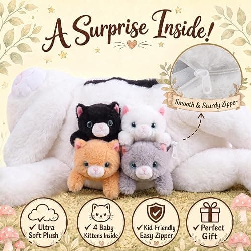 gnomantic Cat Stuffed Animals with Babies Inside, Mommy Toy for Kids | 5-Piece set: 1 mommy cat + 4 baby kittens inside. Unzip belly to reveal surprise babies. Ultra-soft, ages 3-8. thumbnail 4