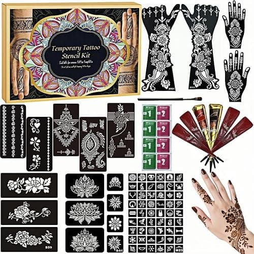 Temporary Tattoos Kit - Large 12 Sheets Temporary Tattoo Stencil Kit - 78 Unique Tattoo Designs - 6 Pcs (Brown/Black/Maroon) Ink with Paint Brush for DIY Body Art - Tattoos for Women Men Kids - Image 1