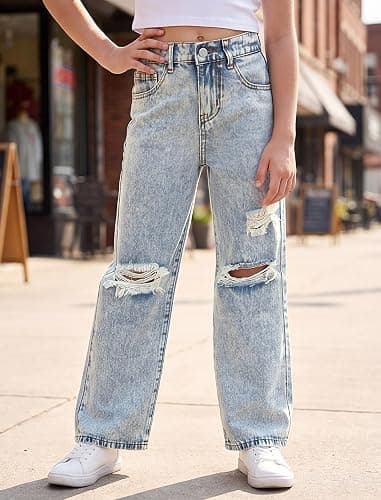 IBTOM CASTLE Girls Baggy Jeans Wide Leg Denim Pants Y2K Jean for Kids 7-12Y | Cute Bow, Star Ripped Distressed, Y2K Trendy Pant, High Waist Elastic Back, Multi-Pockets Jean for Back to School Casual Wear thumbnail 2