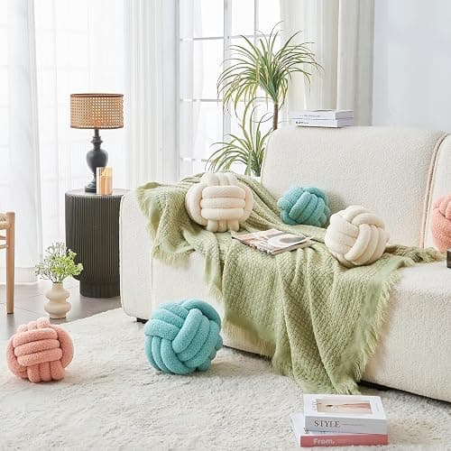LUSJNGE Decorative Throw Knot Pillow Ball for Home Chair Sofa Couch Bed Aesthetic Round Decor Pillows Lambswool Knotted Pillow Cushion (Ivory White, 8inches) thumbnail 2