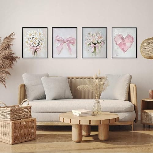 Locomiss Pink Vintage Floral Cute Bow Posters Wall Art Decor, Girly Wildflowers Bouquet Oil Painting Wall Art Decor for Teen Girl Bedroom Dorm Living Room Bathroom,Set of 4 (8x10 Unframed) thumbnail 4