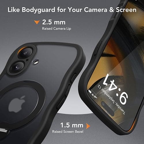 GolbinBox for iPhone 16 Case, [Compatible with Magsafe][360° Spin Magnetic Stand][Military-Grade Protection][Camera Control][Cute Wave Edge] Translucent Matte Women Phone Cover for iPhone 16, Black thumbnail 8