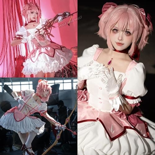 Half and Half Mado-ka Cosplay Wig Pink Anime Ponytail Wigs with Bangs Short Light Pink Cute Lolita Twin Tails Wig for Women Halloween Party Costumes thumbnail 2