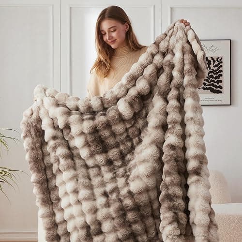 COOVA Faux Fur Throw Blanket for Couch, Cozy Soft and Fuzzy Plush Rabbit Fur Bubble Blanket for Sofa Bedroom Living Room, 50x60 Inches Tie Dye Brown thumbnail 4