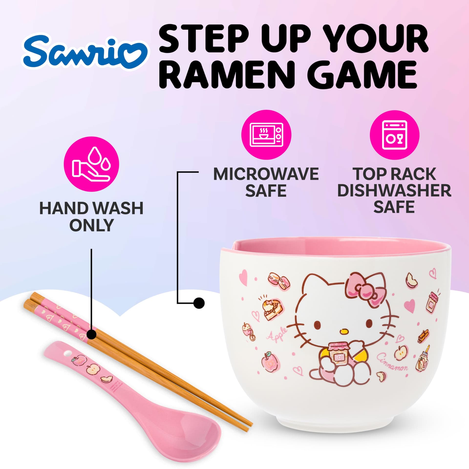 Silver Buffalo Sanrio Hello Kitty - Juego de cuencos y palillos de ramen de 20 onzas thumbnail 3