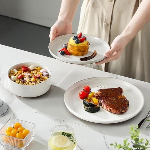 MALACASA Plates and Bowls Sets, 12 Pieces Modern Stoneware Dinnerware Set for 4 Kitchen Dinner Set Ceramic Dishware Dishes Set Microwave and Dishwasher Safe, White, Series TARA thumbnail 6