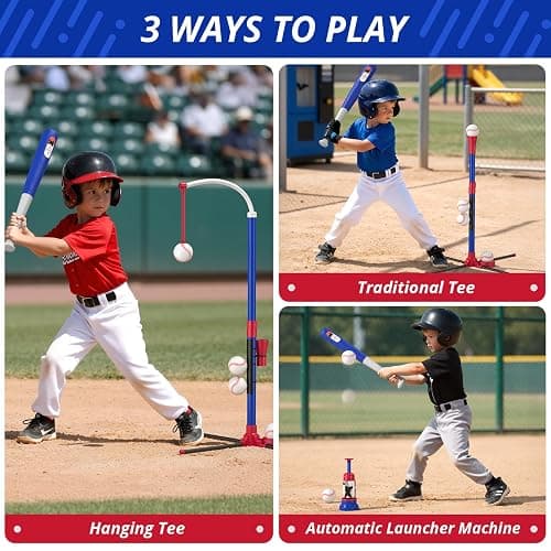 HYES 3-in-1 Baseball Set for Kids with Auto Pitching Machine | Tee Ball Stand, Hanging Tee, Ball Launcher and 6 Softballs - Adjustable Height, Indoor/Outdoor Sport Gifts for Boys Girls thumbnail 2