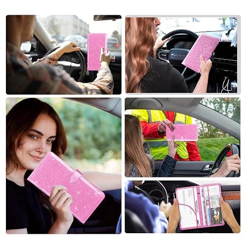 Weishenghuo Car Registration and Insurance Card Holder, Car Document Holder for Cards, Driver Vehicle License Document Glove Box Compartment Organizer, Car Essentials - Glitter Pink-2 thumbnail 6